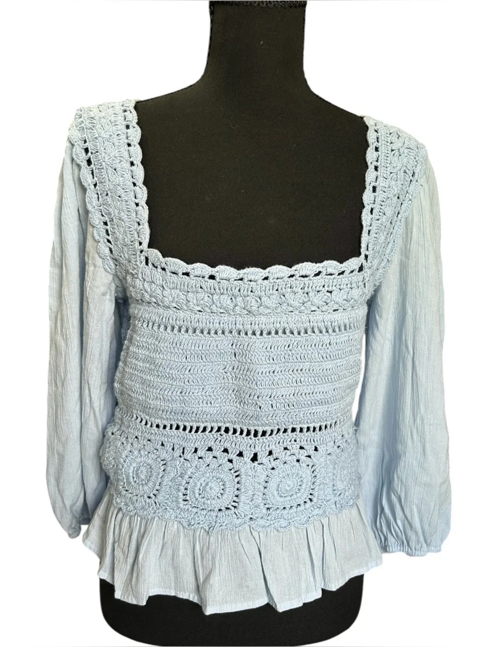 American Eagle size Medium Light Blue Cottagecore Crochet Peasant Boho Blouse